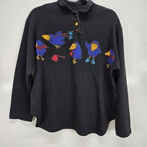 VTG‎ Black Blue Bird Embroidered Mock Neck Sweater Quirky Unique Art To Wear Lrg